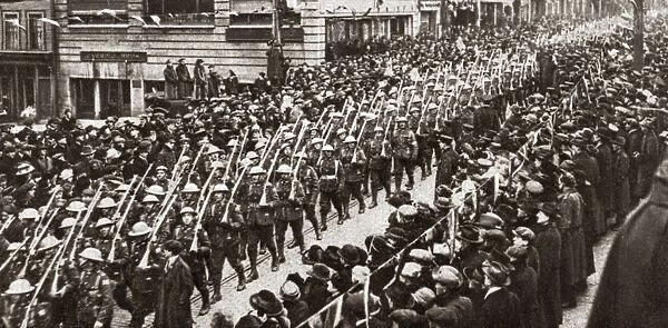 WORLD WAR I: NOVA SCOTIA. Royal Canadian Regiment marching along the main street