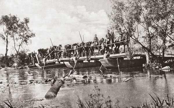 WORLD WAR I: PONTOON BRIDGE. Austrian artillery crossing a pontoon bridge in Galicia