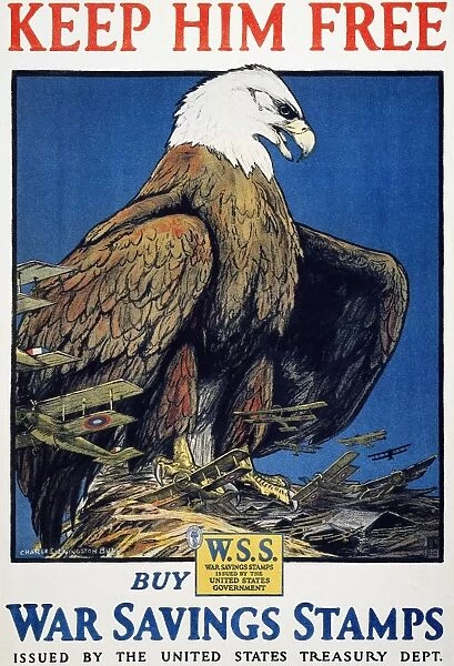 WORLD WAR I POSTER: SAVING STAMPS. Keep Him Free. American World War I poster for war savings stamps, 1918, by Charles Livingston Bull
