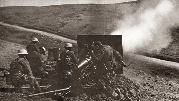 WORLD WAR I: SERBIA. British artillery aiding Serbian troops on the Balkan Front