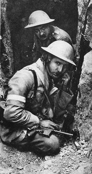 WORLD WAR I: TELEPHONE. A British signal officer listening in on a tapped German