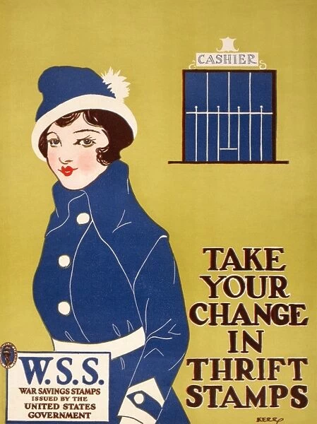 WORLD WAR I: THRIFT STAMPS. Poster for Thrift Stamps and Saving Stamps during World War I. Lithograph, 1917