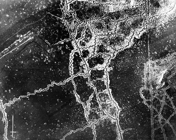 WORLD WAR I: TRENCHES. Aerial view of trenches and no mans land in Europe during World War I