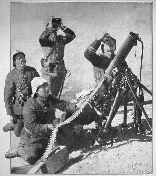 WORLD WAR I: TURKEY, 1915. Turkish soldiers in Egypt set up a machine gun in defense