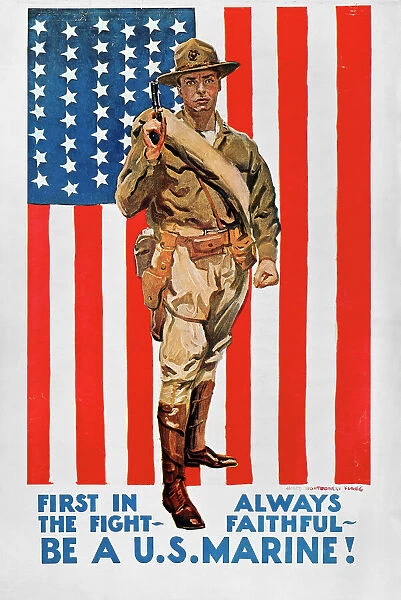 WORLD WAR I: U. S. MARINES. First in the Fight. American World War I Marine corps recruiting poster, c1918, by James Montgomery Flagg