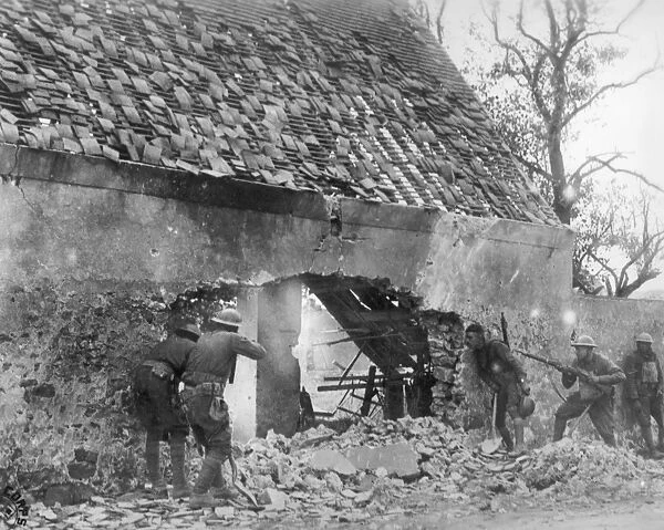 WORLD WAR I: U. S. TROOPS. American troops fighting their way through a French village during World War I, 1918