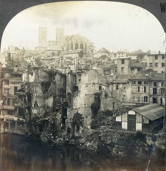 WORLD WAR I: VERDUN RUINS. The Cathedral of Notre Dame and ruins of Verdun, France destroyed during World War I. Stereograph, c1919