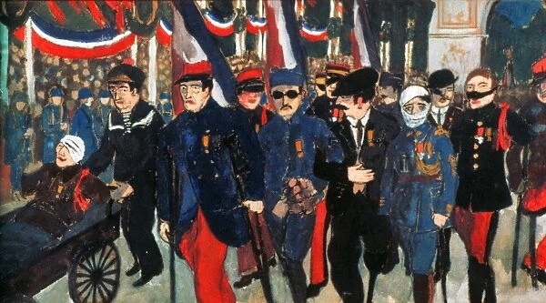 WORLD WAR I: VETERANS. Wounded French World War I veterans in a Bastille Day parade, 14 July 1919. Gouache by Jean Galtier-Boissiere