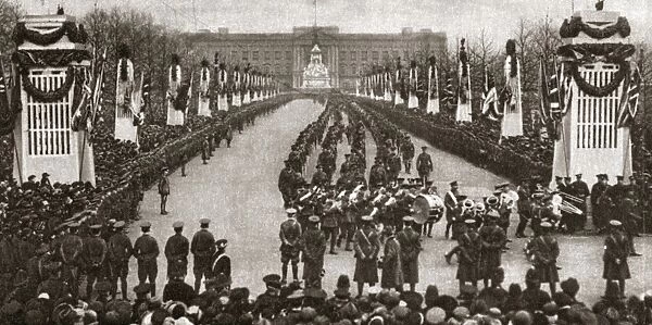 WORLD WAR I: VICTORY MARCH. Large pillars mark the route of a victory march through London