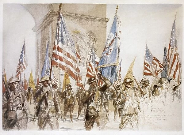 WORLD WAR I: VICTORY PARADE. French and American troops marching near the Arc de Triomphe in Paris, on Bastille Day, 14 July 1919. Drawing by Charles Fouqueray