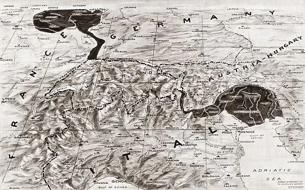 WORLD WAR I: WESTERN FRONT. Map, 1919, showing the zone of active operations on the Western