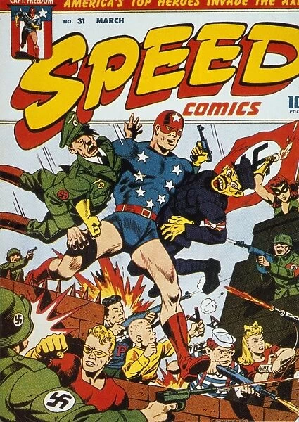 WORLD WAR II: COMIC BOOK. Captain Freedom and friends battle the Axis powers. American comic book cover concerning World War II, c1943