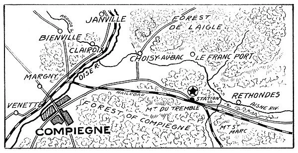 WORLD WAR II: MAP, C1918. Star on the map indicates the exact place where the Armistice