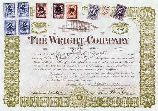 WRIGHT BROTHERS, 1915. Stock certificate, 1915, for a $100 share in the Wright Company, built on their 1906 patent for a flying machine