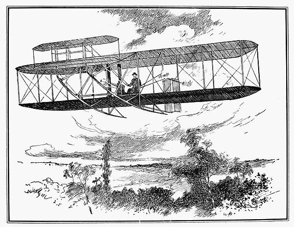 A Wright Brothers biplane in flight. Pen-and-ink drawing by an unknown artist, c1907