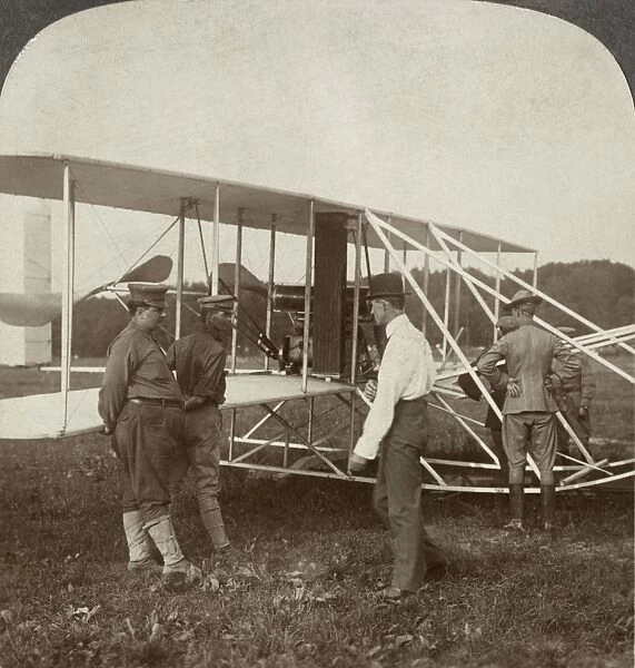 The Wright Brothers biplane preparing for flight at Fort Myer, Virginia. Photograph, c1909