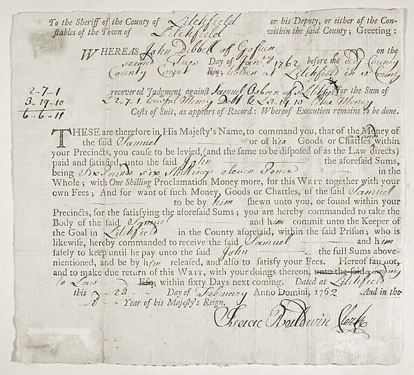 WRIT OF DEBT, 1762. Writ issued to the sheriff of Litchfield County, Connecticut