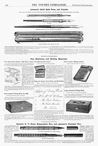 WRITING INSTRUMENTS, 1890. American magazine advertisements for various writing instruments