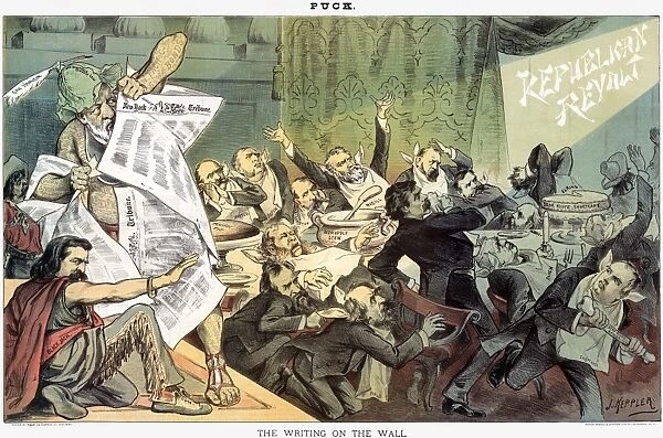 The Writing on the Wall. American lithograph cartoon by Joseph Keppler, 1884, depicting prominent Republicans at a modern-day Belshazzars feast, which has been thrown into an uproar over the rejection by many party members of their reputedly corrupt presidential nominee, James G. Blaine (standing at left)