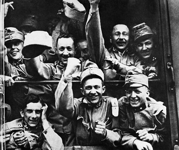WWI: AUSTRIAN TROOPS. Austrian soldiers on a troop train celebrating at the end of World War I