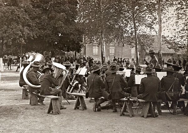 WWI: BAND, 1918. American military band giving a concert in a village in Alsace, France