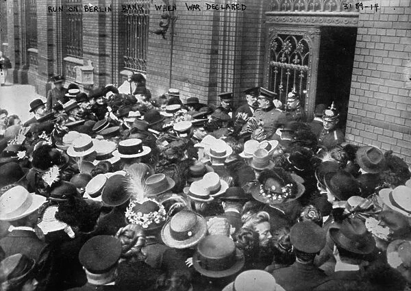 WWI: BANK RUN, 1914. A crowd of people outside of a bank in Berlin, Germany, at