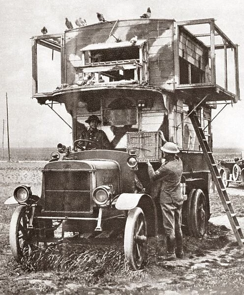 WWI: CARRIER PIGEONS. A London motor bus converted into a travelling loft for carrier