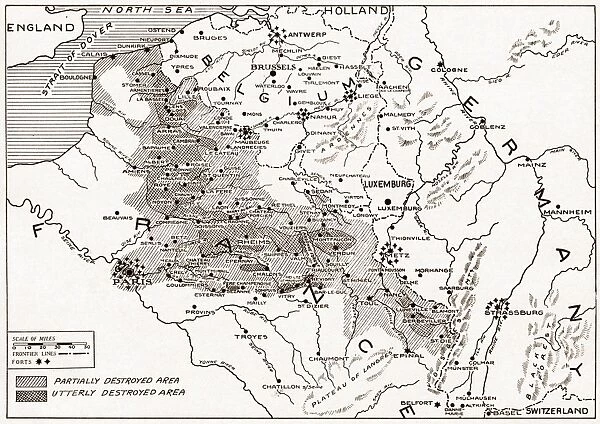 WWI: DESTRUCTION OF FRANCE. Map showing the devastated regions of France during