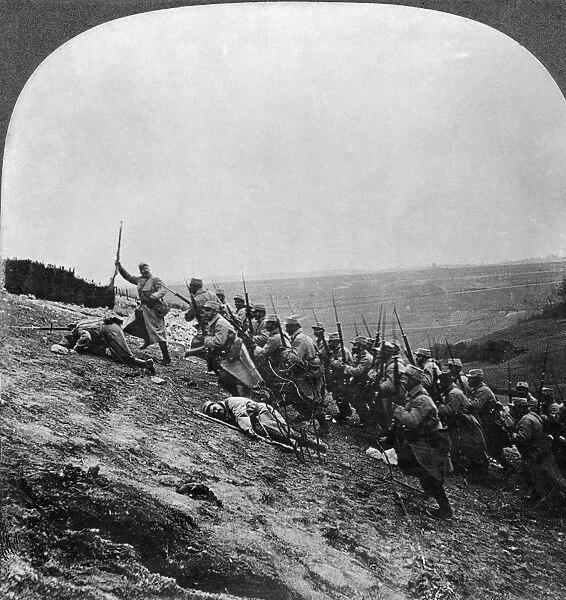 WWI: FRENCH ATTACK. French soldiers storming the fort on Hill Notre Dame de Lorette: from a stereograph view