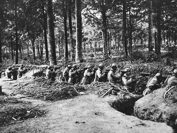 WWI: FRENCH LINE OF DEFENSE. French infantry holding a second line trench on the