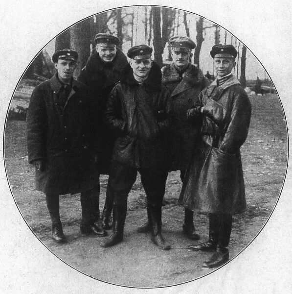 WWI: GERMAN PILOTS. German fighter pilot squadron. Left to right: Sebastian Fester