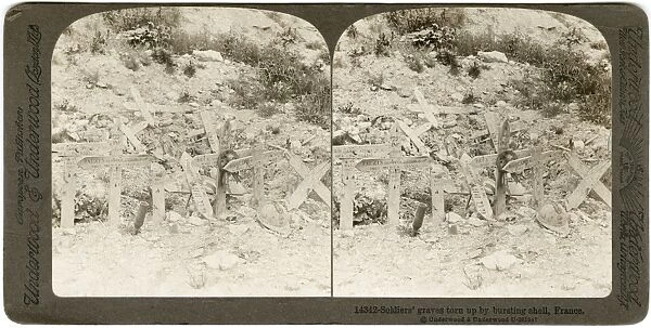 WWI: GRAVES, c1917. Soldiers graves torn up by bursting shell, France. Stereograph