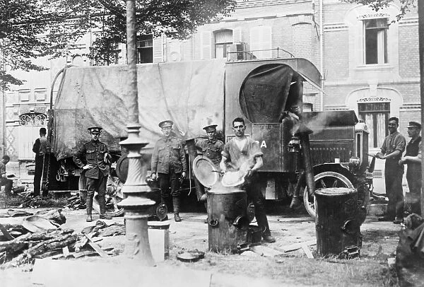 WWI: KITCHEN, c1914. English soldiers cooking at Amiens, France. Photograph, c1914
