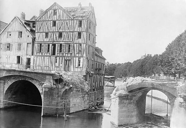 WWI: MEAUX, c1914. The bridge in Meaux, France, wrecked by French Engineers. Photograph