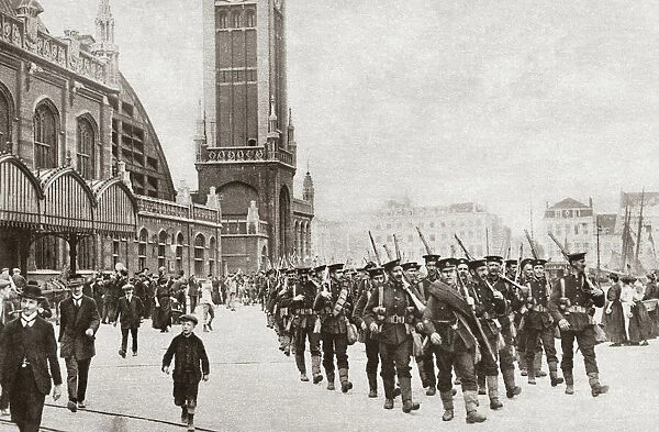 WWI: OSTEND, c1914. British Royal Marines marching through Ostend, Belgium. Photograph