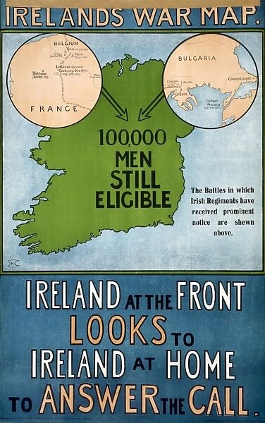WWI: POSTER, 1915. Irelands War Map. Irish recruitment poster. Lithograph, 1915