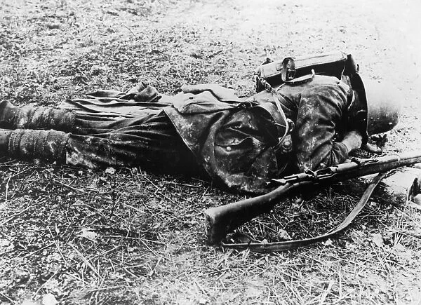 WWI: SOLDIER, c1915. A German soldier on the ground, possibly a sniper. Photograph