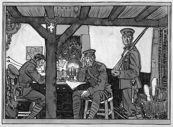 WWI: SOLDIERS, 1918. American soldiers in a house. Drawing by Herbert Andrew Paus, 1918