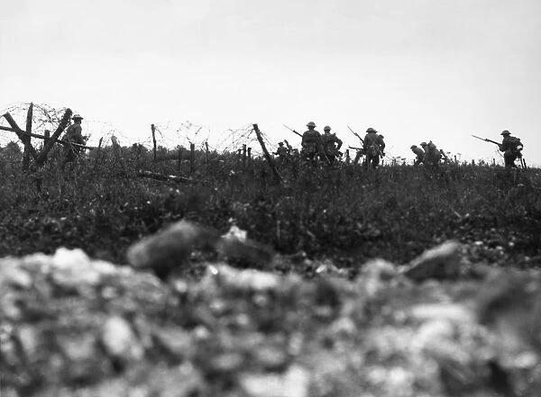 WWI: SOMME, 1916. British troops of the Wiltshire Regiment advance to attack near Thiepval