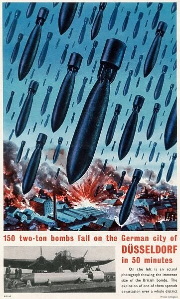 WWII: POSTER, c1943. 150 two-ton bombs fall on the German city of Dusseldorf in 50 minutes