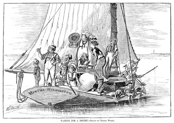 YACHTING, 1879. Waiting for a breeze. Engraving from a drawing by Thomas Worth, 1879