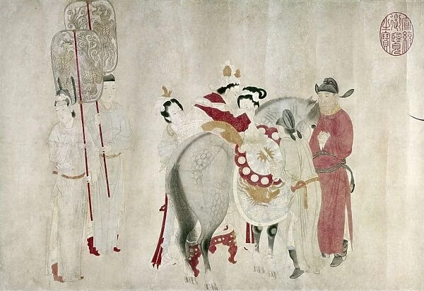 Yang Kuei-fei, concubine of Emperor Ming Huang (712-756), mounting a horse. Detail from a late 13th century copy, by Chien Shuan, of a T'ang Dynasty scroll. Ink and color on paper