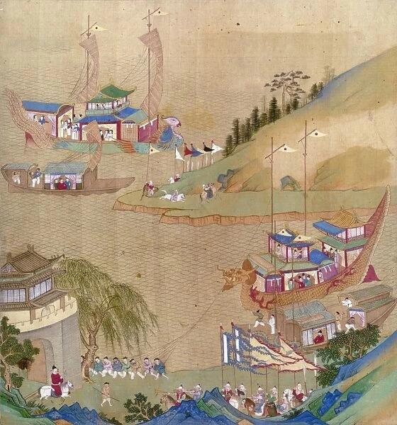 Yang Ti, Sui emperor of China (604-618), and his fleet of sailing craft, including a dragon boat being pulled along the Grand Canal. Painted silk scroll, 18th century