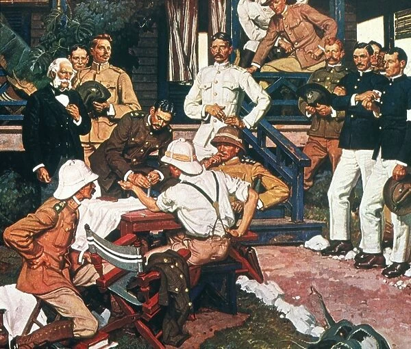 YELLOW FEVER, CUBA, c1900. Conquerors of Yellow Fever. Cuban physician Dr. Carlos Finlay (left, in civilian clothes), U. S. Army surgeon Dr. Walter Reed (center), and others observe as Dr. Jesse Lazear inoculates Dr. James Carroll for yellow fever in Cuba after the Spanish-American War. Oil on canvas, c1940, by Dean Cornwell