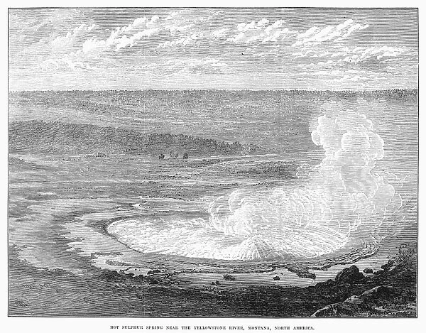 YELLOWSTONE PARK: SPRING. Hot Sulpher Spring near the Yellowstone River in Yellowstone Park, Montana. Wood engraving, English, 1873