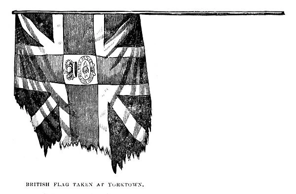 YORKTOWN: BRITISH FLAG. British battle standard captured at the Battle of Yorktown, Virginia, 19 October 1781. Wood engraving, American, 1883