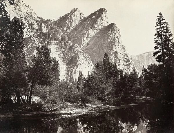 YOSEMITE: THREE BROTHERS. View of stream and trees with the Three Brothers mountain
