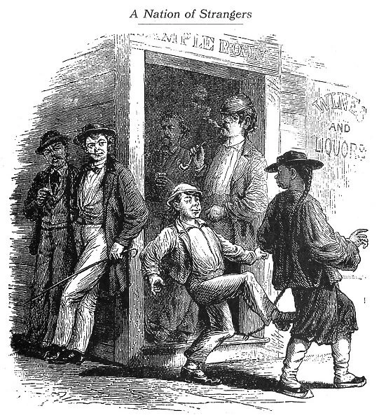 A young Irish immigrant in San Francisco, California, landing a blow on a Chinese immigrant outside a saloon. American engraving, 1870s