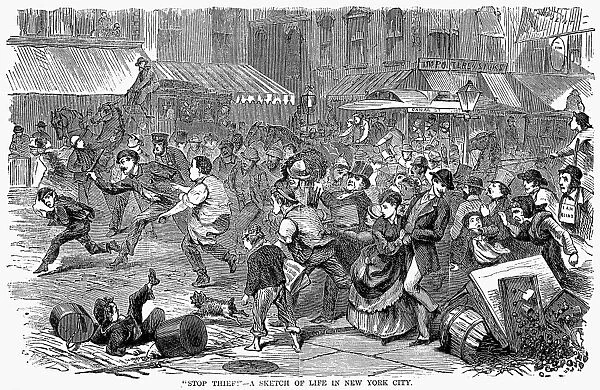 YOUNG THIEF, 1868. A New York City crowd giving chase to a young thief. Wood engraving, American, 1868