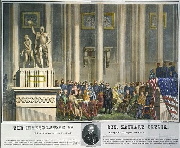 Z. TAYLOR: INAUGURATION. The inauguration of Zachary Taylor as the 12th President of the United States on 5 March 1849. Contemporary color engraving